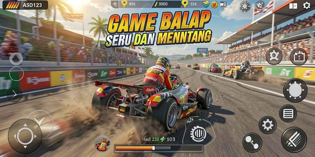 Screenshot gameplay ASD123 menampilkan aksi balap yang intens.