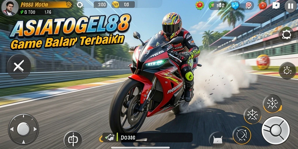 Screenshot gameplay ASIATOGEL88 yang menunjukkan aksi balap motor yang intens.
