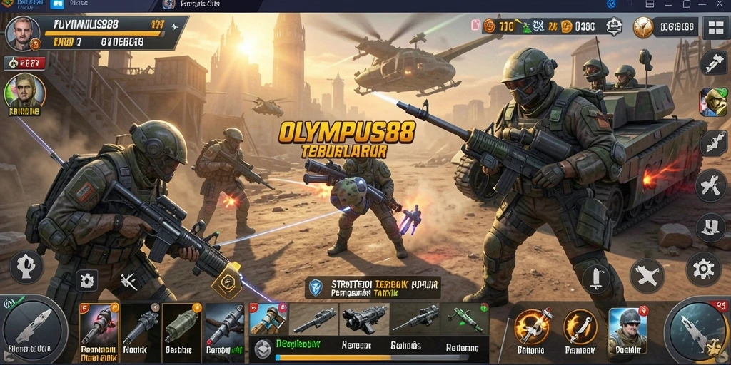 Screenshot gameplay menunjukkan pertempuran taktis yang intens di OLYMPUS88.