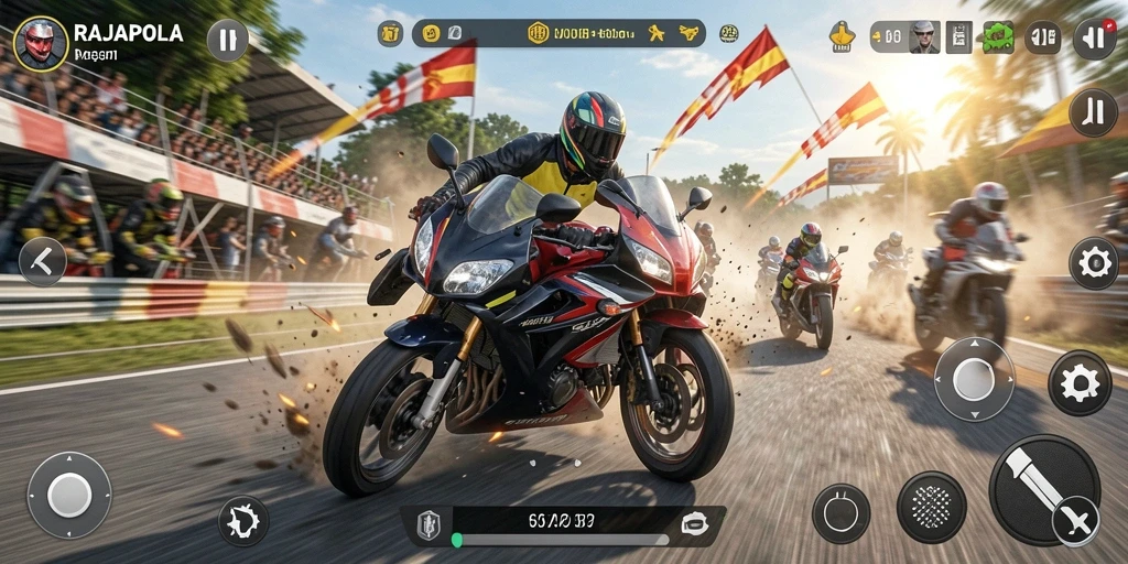 Gameplay seru RAJAPOLA dengan balapan motor yang mendebarkan.